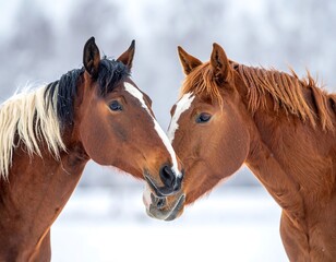 Fototapeta premium Two brown horses touching faces in a snowy landscape