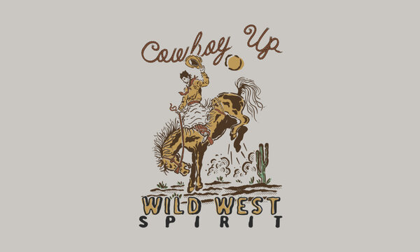 Rearing horse and rider drawing, retro western design, saddle bronc action, yellow shirt, yellow hat, rancher life, texas, classic cartoon, isolated vector graphic

