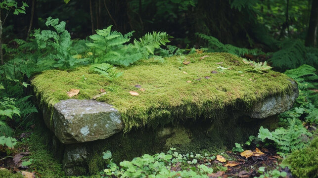 Ancient moss covered stone altar in a lush green forest surrounded by ferns and woodland vegetation, peaceful natural landscape with a sense of antiquity and tranquility