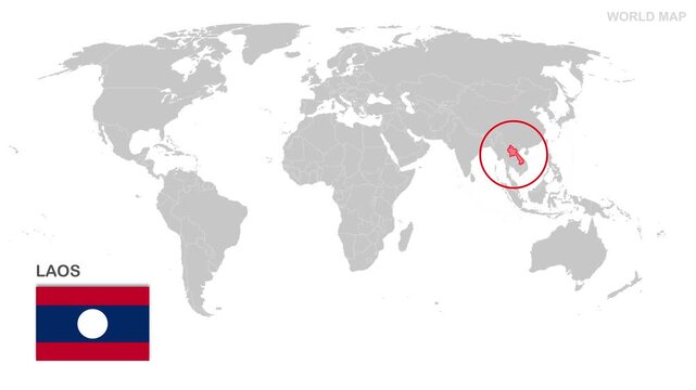 Laos Map Video, highlighted in world map with national flag and borders, perfect for presentations, travel, education, geography, and global studies.