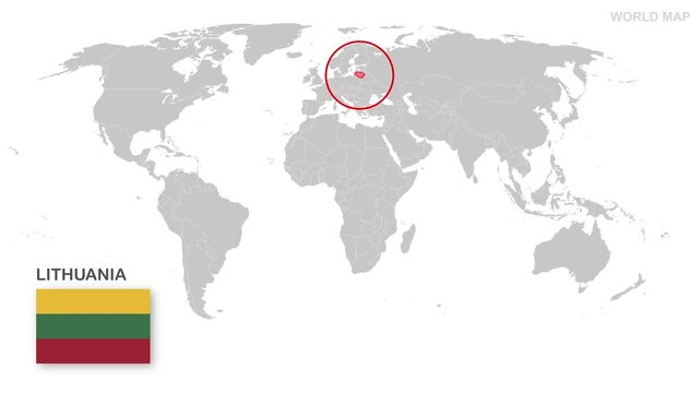Lithuania Map Video, highlighted in world map with national flag and borders, perfect for presentations, travel, education, geography, and global studies.