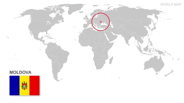 Moldova Map Video, highlighted in world map with national flag and borders, perfect for presentations, travel, education, geography, and global studies.
