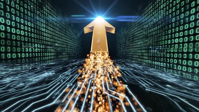 Digital arrow in binary code corridor