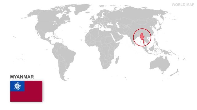 Myanmar Map Video, highlighted in world map with national flag and borders, perfect for presentations, travel, education, geography, and global studies.