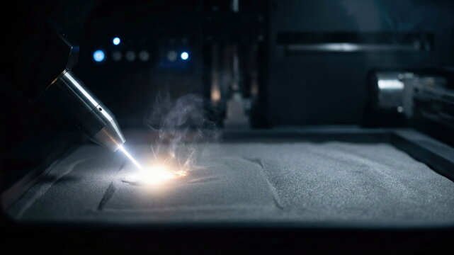 A laser 3D printer precisely builds an object from metal powder, representing innovation, advanced manufacturing, and Industry 4.0 technology.