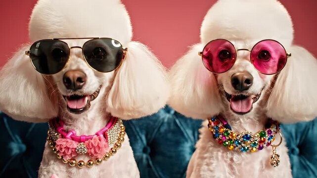 Two dressedup poodles on couch