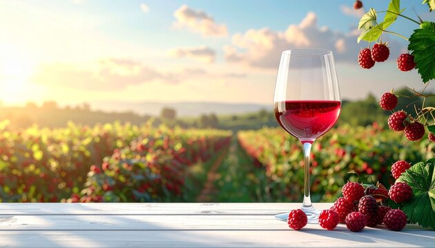 A wine glass sits on a clean white wooden table, with a summer berry field as a backdrop, and space left for a message.