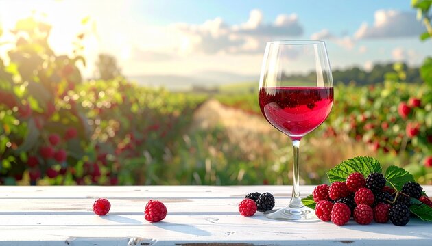 A wine glass sits on a clean white wooden table, with a summer berry field as a backdrop, and space left for a message.