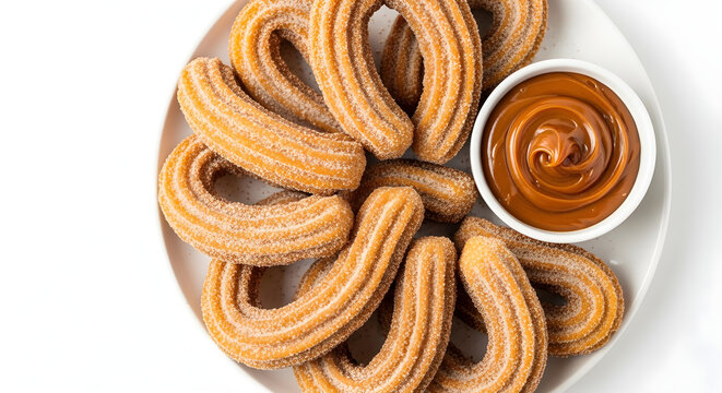 Top view of traditional Spanish churros coated in cinnamon sugar with a bowl of dulce de leche caramel dip, isolated on a white background.