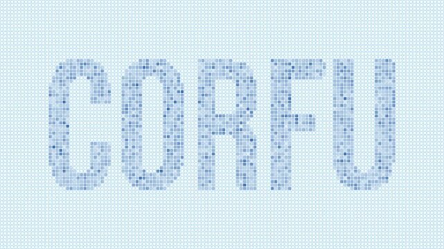 Corfu dotted map animation. Digital style shape of the island. Corfu shape and title blue dots appear with flickering effect. Greece. Modern Intro, outro, title, logo video.