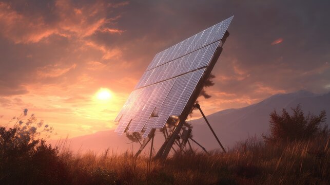 Solar panels absorb sunlight during golden hour with vibrant clouds and sunset reflections in a tranquil landscape filled with gentle grass and hills