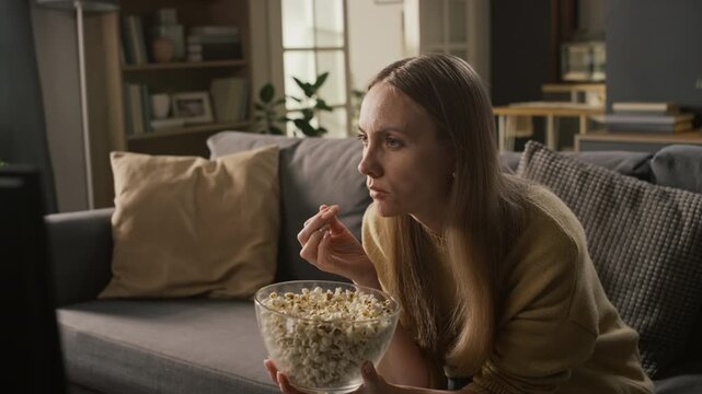 Medium shot of young blonde Caucasian woman sitting on couch, eating popcorn, watching horror flick on streaming TV, staring at screen with intense shock while reacting to scary cliffhanger scene