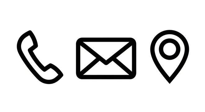 A simple black and white illustration of contact information icons including a phone, email, and location pin.