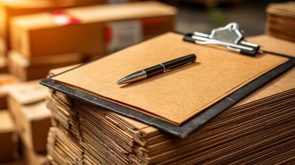 Fototapeta premium Clipboard sits on top of cardboard boxes in a logistics center with warm light and a clear focus on organization and delivery tasks