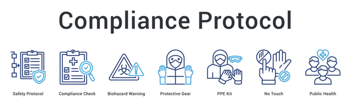 Compliance protocol banner web icon enforces safety standards through verification, warnings and contactless practices.