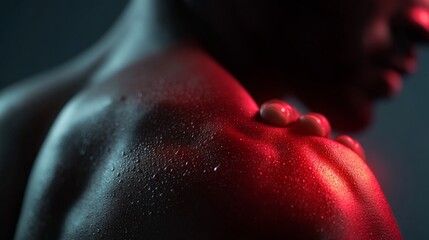 Close-up of shoulder area showing pain with red glow under dark background and dramatic light highlighting skin texture