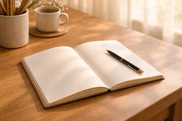 Fototapeta premium Cozy Morning Reading with Coffee and Journal in Bright Room 明るい部屋での朝の読書とコーヒー、ジャーナルのある時間