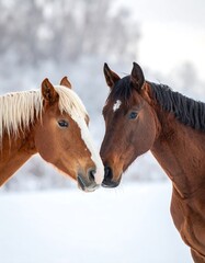 Obraz premium Two horses nose-to-nose in a snowy, blurred winter landscape