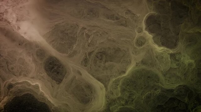 Aerial view of a murky swampy landscape with winding water channels and vibrant green and brown hues