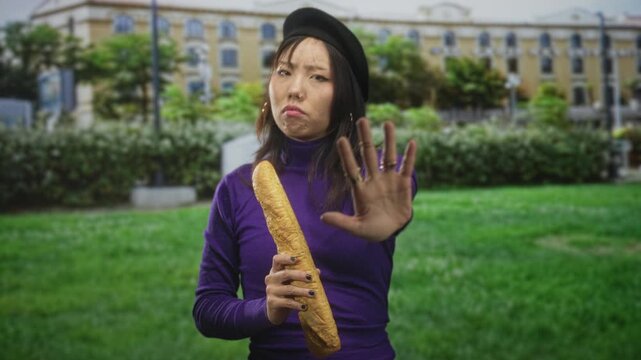 Young woman holding baguette, palm out in a stop gesture while wearing beret and purple top in front of a building; refusal restraint.