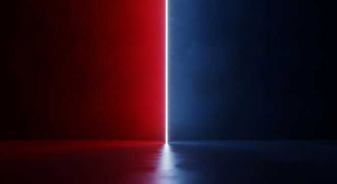 Abstract scene with a vertical glowing neon light dividing red and blue walls and floors