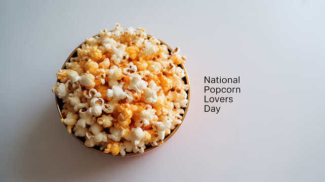 A bowl of popcorn with yellow and white kernels on a white background, celebrating National Popcorn Lovers Day