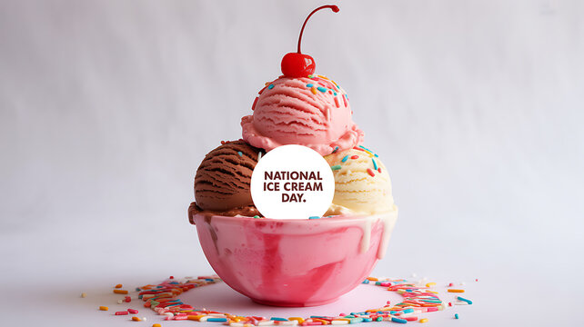 A colorful ice cream sundae with three scoops in a pink bowl, topped with a cherry and sprinkles, celebrating National Ice Cream Day.