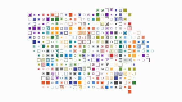 Iowa animated shape. Pulsating colored dots on the map of the state. Large size square blocks. Digital style Iowa map on white background. Beautiful animation video.