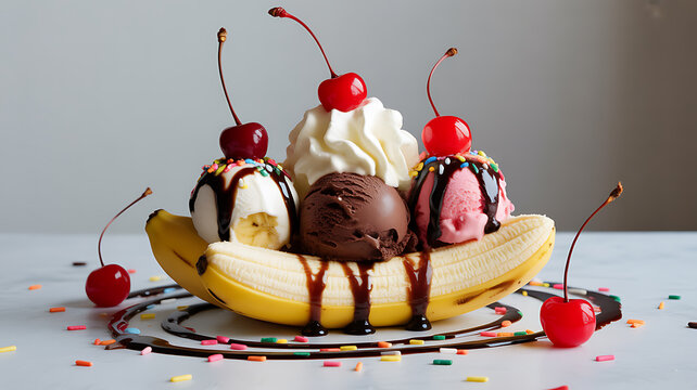 Banana split dessert with ice cream scoops, chocolate sauce, whipped cream, cherries, and sprinkles