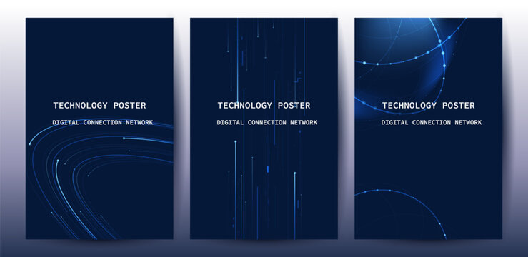 Futuristic digital blue line technology poster set, glowing lines innovation and connection network background for tech event poster or presentation product business