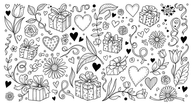 A minimalist line art illustration of gifts, flowers, and hearts in a whimsical design
