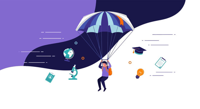 a student with a parachute and education icons, representing learning and adventure