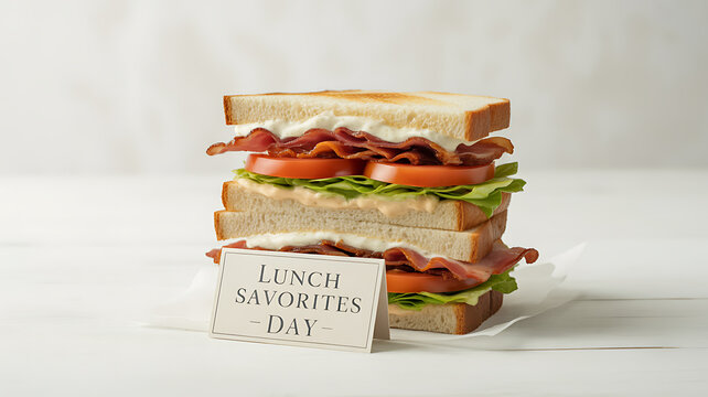 A stacked sandwich with bacon, tomato, lettuce, and mayonnaise on toasted bread, displayed with a 'Lunch Favorites Day' sign.