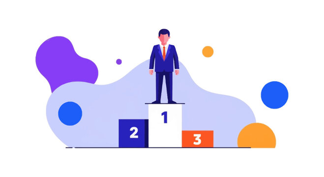 A cartoon businessman in a blue suit stands on a white podium marked '1', with second and third place blocks beside him, symbolizing success and achievement in a modern abstract setting.