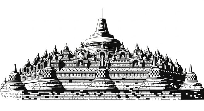 Detailed Illustration of Borobudur Temple, a Majestic Buddhist Monument.
