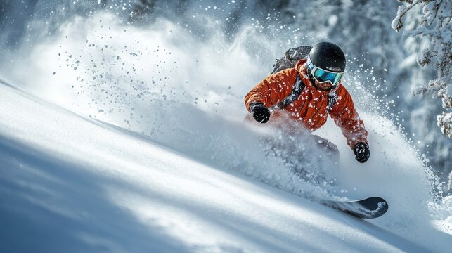 Snowboarder carving down a snowy mountain slope.