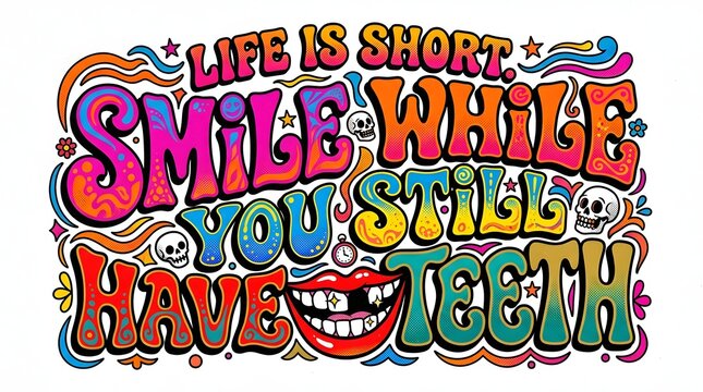 Vibrant psychedelic typography design with humorous quote 'Life is Short Smile While You Still Have Teeth' and a cartoon mouth with a missing tooth.