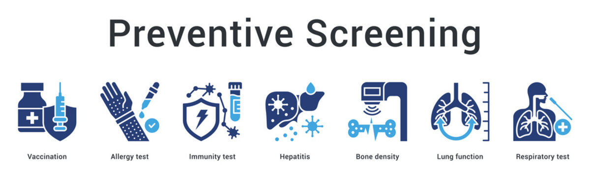 Preventive screening banner web icon provides immunization and testing for disease prevention and early detection.