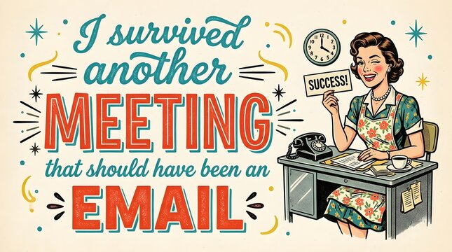 Retro illustration of a woman at a desk celebrating surviving a meeting that should have been an email, with vintage typography and a humorous office theme.