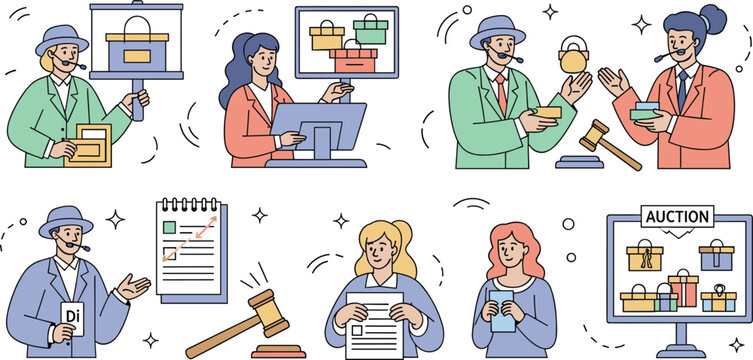 Professional auctioneers conducting live bidding sales with gavel auction screens luxury items and bidders in vector illustration collection