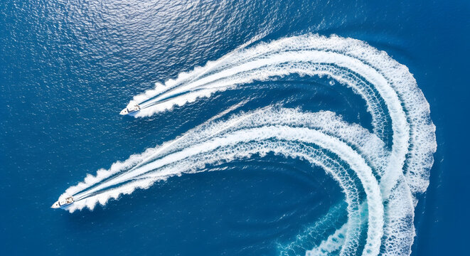 Two speedboats racing across the calm ocean on a sunny day