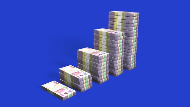 A dynamic 3D visual of 10,000 Central African CFA franc stacks growing into a rising bar graph, symbolizing wealth, investment, and financial expansion on a blue backdrop.