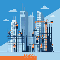 Fototapeta premium Construction workers building skyscrapers with cranes and scaffolding.