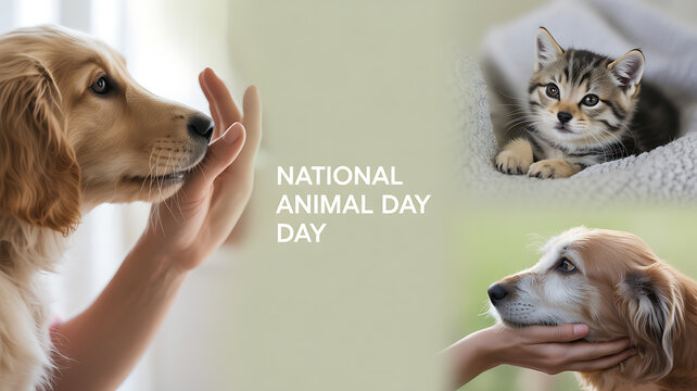 National Animal Day celebration featuring dogs and a kitten interacting with human hands in a warm, affectionate setting.