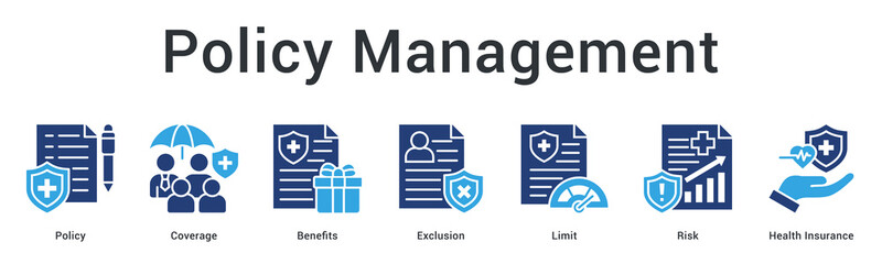 Fototapeta premium Policy management banner web icon outlines coverage terms, benefits, exclusions and risk limits for insurance contracts.