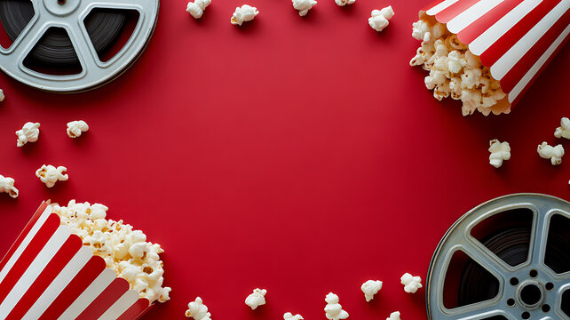 Popcorn and film reels arranged on a red background with scattered popcorn kernels