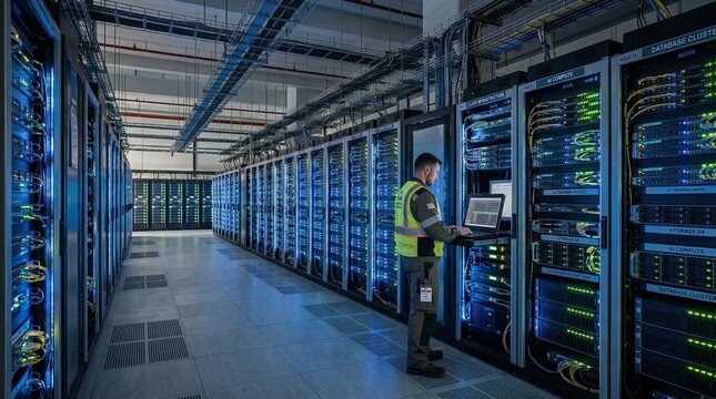 Server racks in server room data center - Cloud Computing, Artificial Intelligence, Database Concept