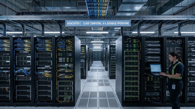 Server racks in server room data center - Cloud Computing, Artificial Intelligence, Database Concept