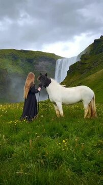 horse, animal, grass, farm and woman