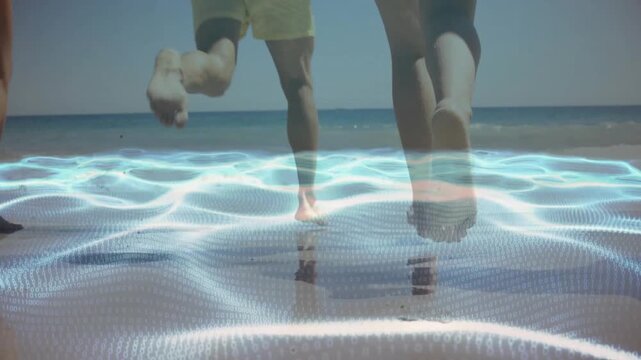 Tech light grid blending with sand as first foot stepping, four peers running toward ocean